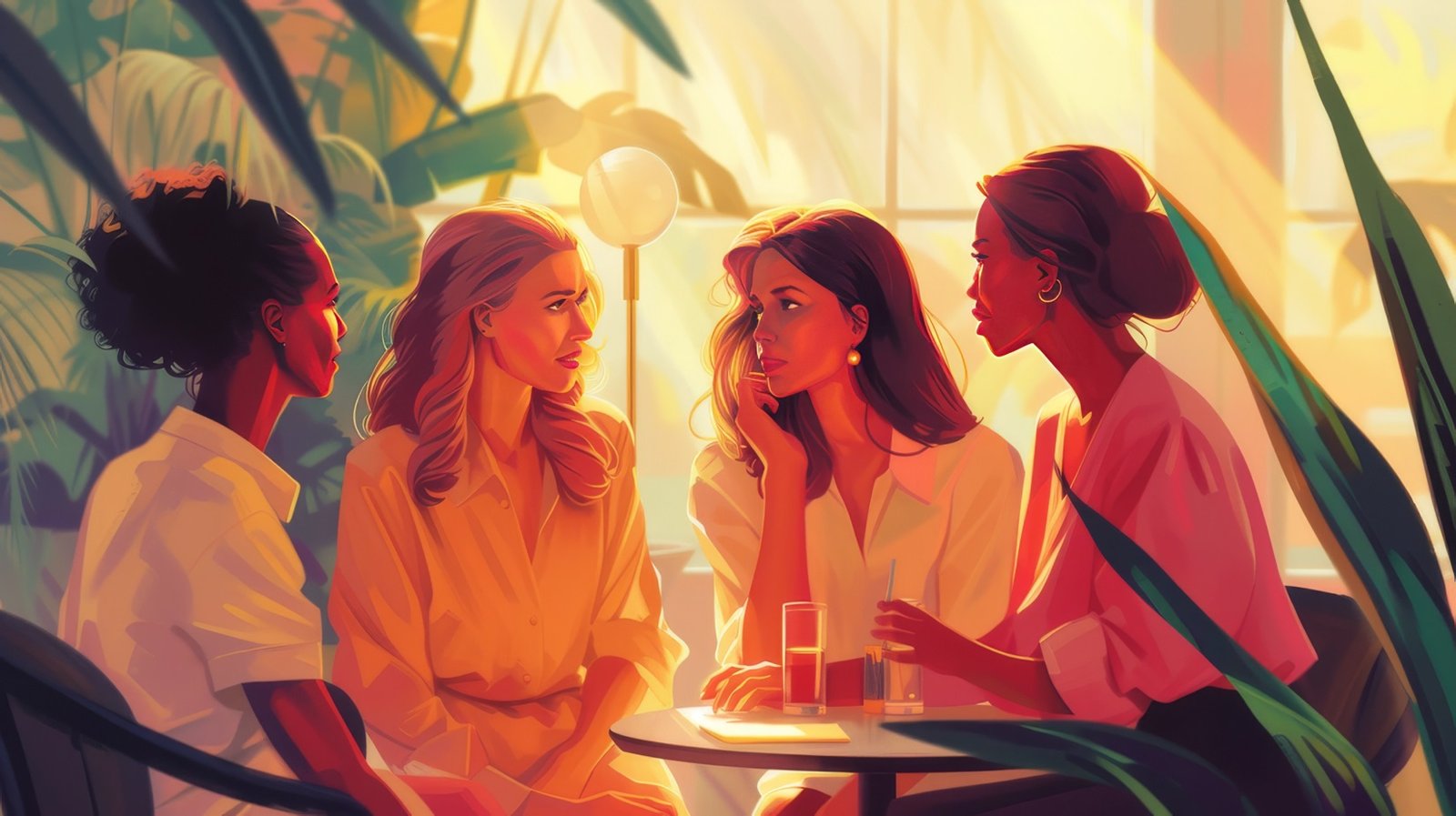 An illustration of four young professional women engaged in conversation at a table. They are depicted with warm, ambient lighting creating soft shadows on their faces, suggesting a casual yet intimate setting. The women are dressed in relaxed, modern professional attire, with one woman gesturing as if making a point, while the others listen attentively. The backdrop features lush indoor plants and a large window, casting a golden hue indicative of either early morning or late afternoon.