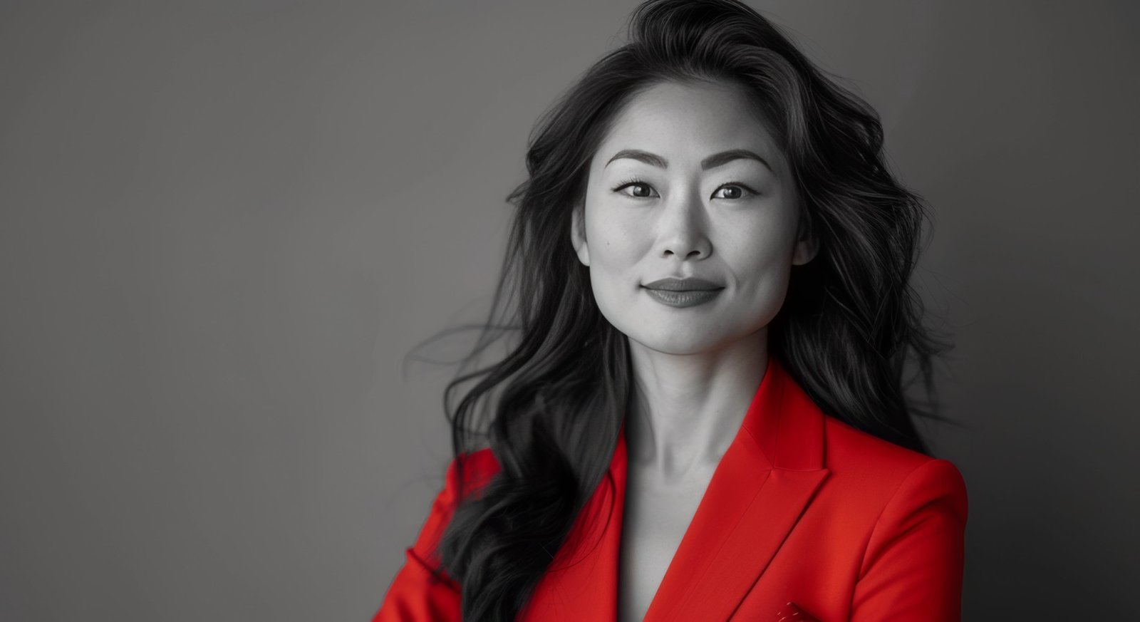 A professional headshot of an Asian woman in a grayscale image, wearing a bright red blazer. Her confident smile and direct gaze convey a sense of assurance and professionalism. Her hair is styled in loose waves that frame her face, and her makeup is subtly applied, highlighting her natural features. The vibrant red blazer is the only element in color, drawing attention and symbolizing empowerment in a professional context. The image has a wide aspect ratio, with a simple, uncluttered background that ensures the focus remains on her.