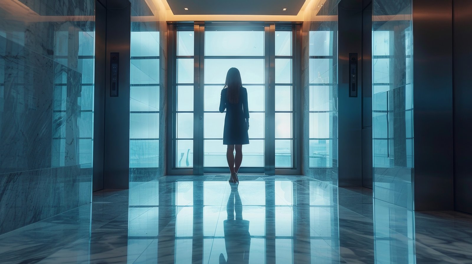 Silhouette of a woman standing in a modern elevator lobby, facing a large window with a view of the sky. The interior is illuminated with a soft blue light reflecting off glossy marble floors and walls, with the elevator's brushed metal doors to her left.